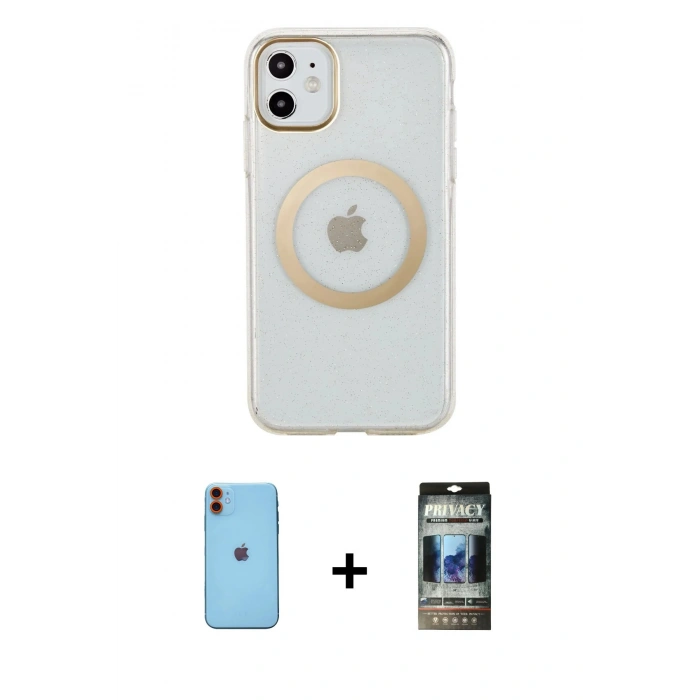 MARSİLYAN™- iPhone 11 Kılıf Pusula Form - Siyah 34D Hayalet Izgaralı Cam + Neon Fosforlu Kamera Lens - TU