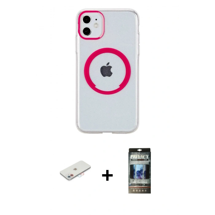 MARSİLYAN™- iPhone 11 Kılıf Pusula Form - Siyah 34D Hayalet Izgaralı Cam + Renkli Kamera Lens Koruma Cam - PE