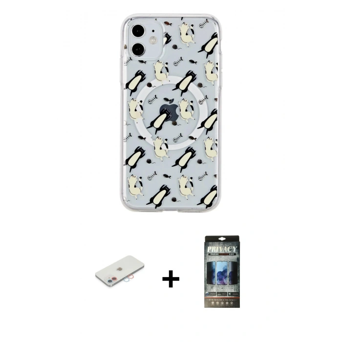 MARSİLYAN™- iPhone 11 Kılıf Pusula Form - Siyah 34D Hayalet Izgaralı Cam + Renkli Kamera Lens Koruma Cam - PE