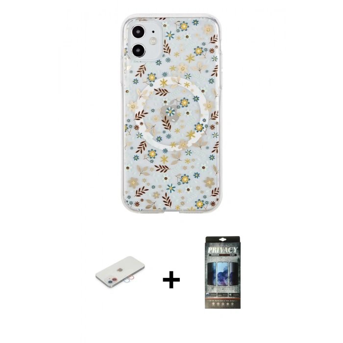 MARSİLYAN™- iPhone 11 Kılıf Pusula Form - Siyah 34D Hayalet Izgaralı Cam + Renkli Kamera Lens Koruma Cam - PE