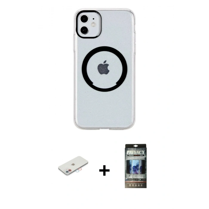 MARSİLYAN™- iPhone 11 Kılıf Pusula Form - Siyah 34D Hayalet Izgaralı Cam + Renkli Kamera Lens Koruma Cam - PE