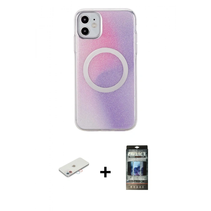 MARSİLYAN™- iPhone 11 Kılıf Pusula Form - Siyah 34D Hayalet Izgaralı Cam + Renkli Kamera Lens Koruma Cam - PE