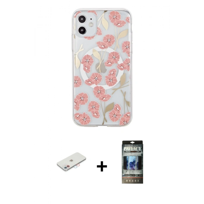 MARSİLYAN™- iPhone 11 Kılıf Pusula Form - Siyah 34D Hayalet Izgaralı Cam + Renkli Kamera Lens Koruma Cam - PE