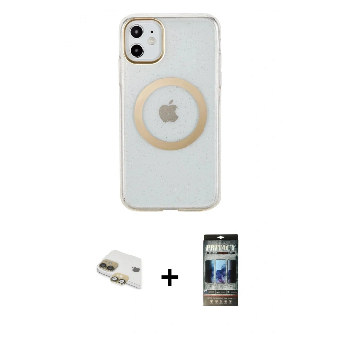 MARSİLYAN™- iPhone 11 Kılıf Pusula Form - Siyah 34D Hayalet Izgaralı Cam + Pers Alüminyum Kamera Lens - GD