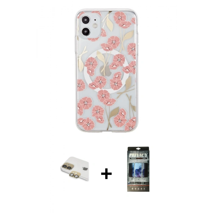 MARSİLYAN™- iPhone 11 Kılıf Pusula Form - Siyah 34D Hayalet Izgaralı Cam + Pers Alüminyum Kamera Lens - GD