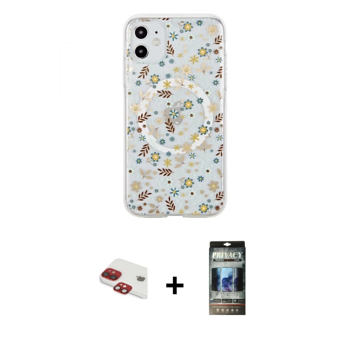 MARSİLYAN™- iPhone 11 Kılıf Pusula Form - Siyah 34D Hayalet Izgaralı Cam + Pers Alüminyum Kamera Lens - KI
