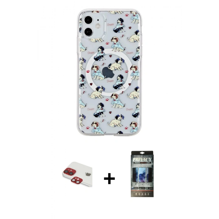 MARSİLYAN™- iPhone 11 Kılıf Pusula Form - Siyah 34D Hayalet Izgaralı Cam + Pers Alüminyum Kamera Lens - KI