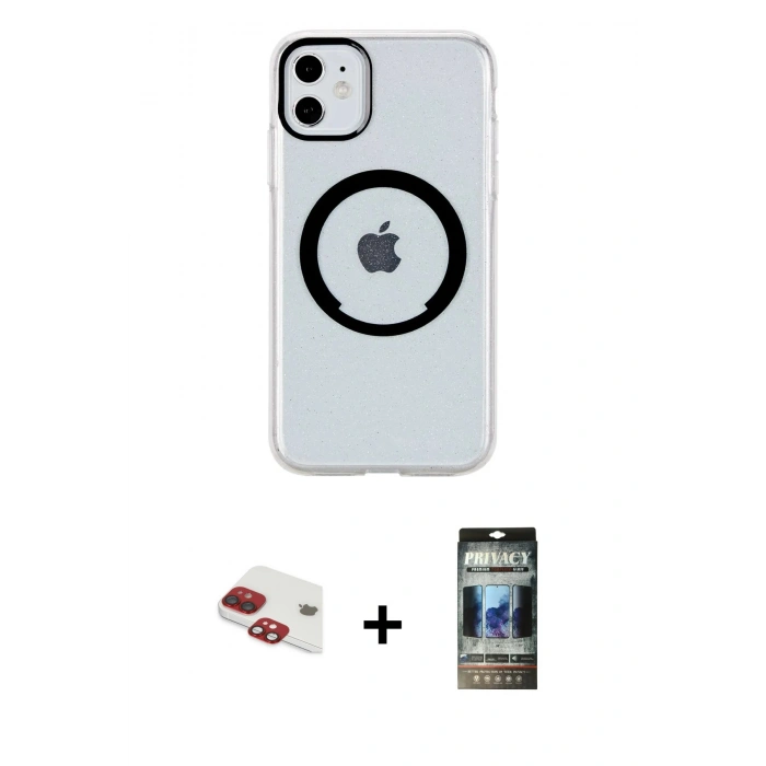 MARSİLYAN™- iPhone 11 Kılıf Pusula Form - Siyah 34D Hayalet Izgaralı Cam + Pers Alüminyum Kamera Lens - KI