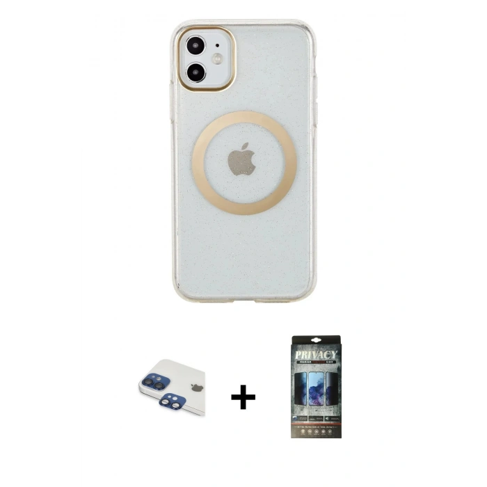 MARSİLYAN™- iPhone 11 Kılıf Pusula Form - Siyah 34D Hayalet Izgaralı Cam + Pers Alüminyum Kamera Lens - LT