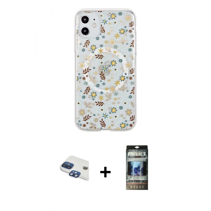 MARSİLYAN™- iPhone 11 Kılıf Pusula Form - Siyah 34D Hayalet Izgaralı Cam + Pers Alüminyum Kamera Lens - LT