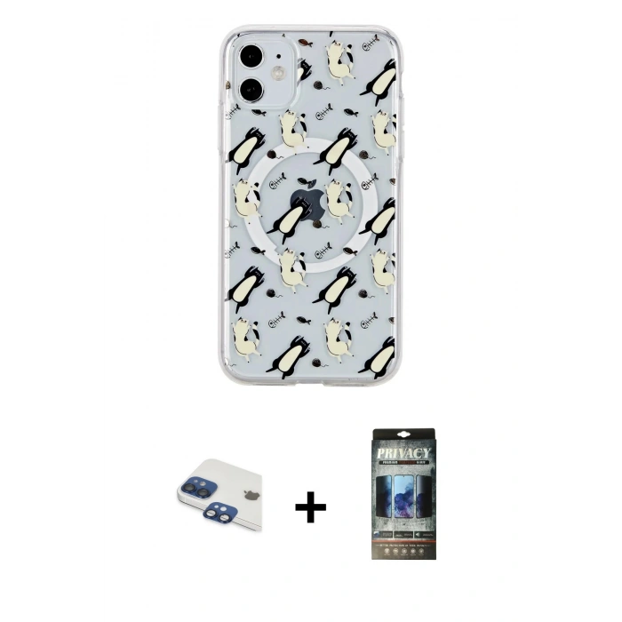 MARSİLYAN™- iPhone 11 Kılıf Pusula Form - Siyah 34D Hayalet Izgaralı Cam + Pers Alüminyum Kamera Lens - LT