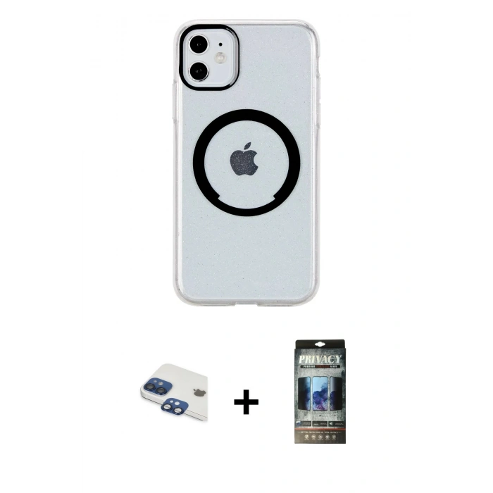 MARSİLYAN™- iPhone 11 Kılıf Pusula Form - Siyah 34D Hayalet Izgaralı Cam + Pers Alüminyum Kamera Lens - LT