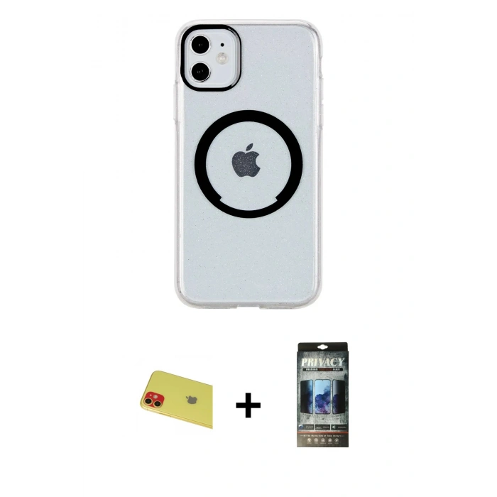MARSİLYAN™- iPhone 11 Kılıf Pusula Form - Siyah 34D Hayalet Izgaralı Cam + Rainbow Kamera Lens Koruma Cam - KI