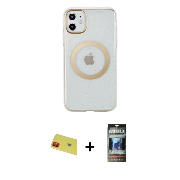 MARSİLYAN™- iPhone 11 Kılıf Pusula Form - Siyah 34D Hayalet Izgaralı Cam + Rainbow Kamera Lens Koruma Cam - KI