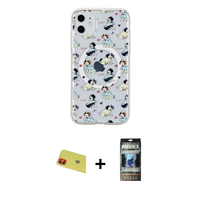 MARSİLYAN™- iPhone 11 Kılıf Pusula Form - Siyah 34D Hayalet Izgaralı Cam + Rainbow Kamera Lens Koruma Cam - KI