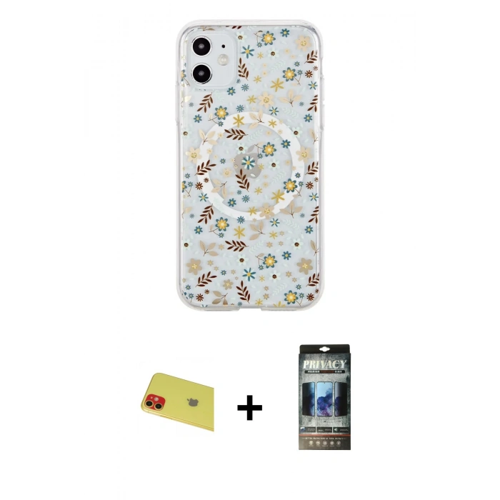 MARSİLYAN™- iPhone 11 Kılıf Pusula Form - Siyah 34D Hayalet Izgaralı Cam + Rainbow Kamera Lens Koruma Cam - KI