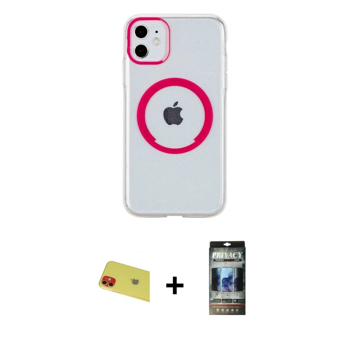 MARSİLYAN™- iPhone 11 Kılıf Pusula Form - Siyah 34D Hayalet Izgaralı Cam + Rainbow Kamera Lens Koruma Cam - KI