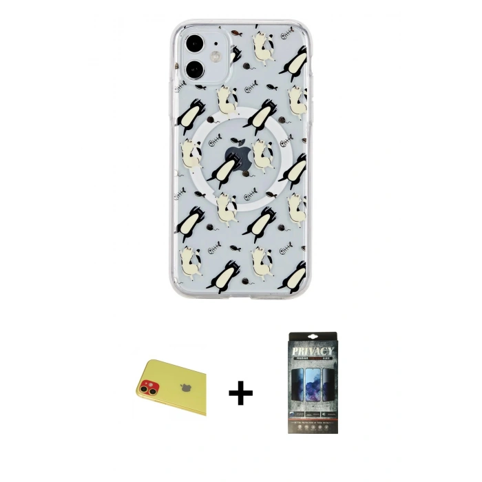 MARSİLYAN™- iPhone 11 Kılıf Pusula Form - Siyah 34D Hayalet Izgaralı Cam + Rainbow Kamera Lens Koruma Cam - KI