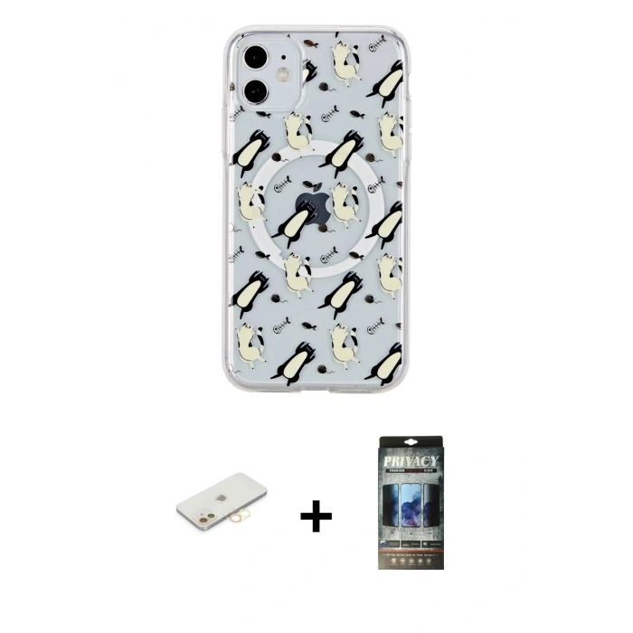 MARSİLYAN™- iPhone 11 Kılıf Pusula Form - Siyah 34D Hayalet Izgaralı Cam + Renkli Kamera Lens Koruma Cam - SI