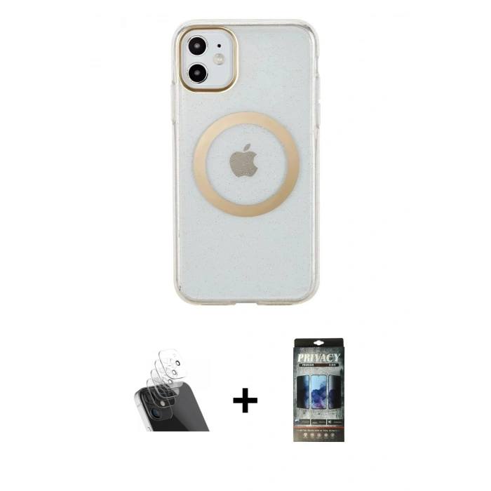MARSİLYAN™- iPhone 11 Kılıf Pusula Form - Siyah 34D Hayalet Izgaralı Cam + Şeffaf Kamera Lens Koruma Cam