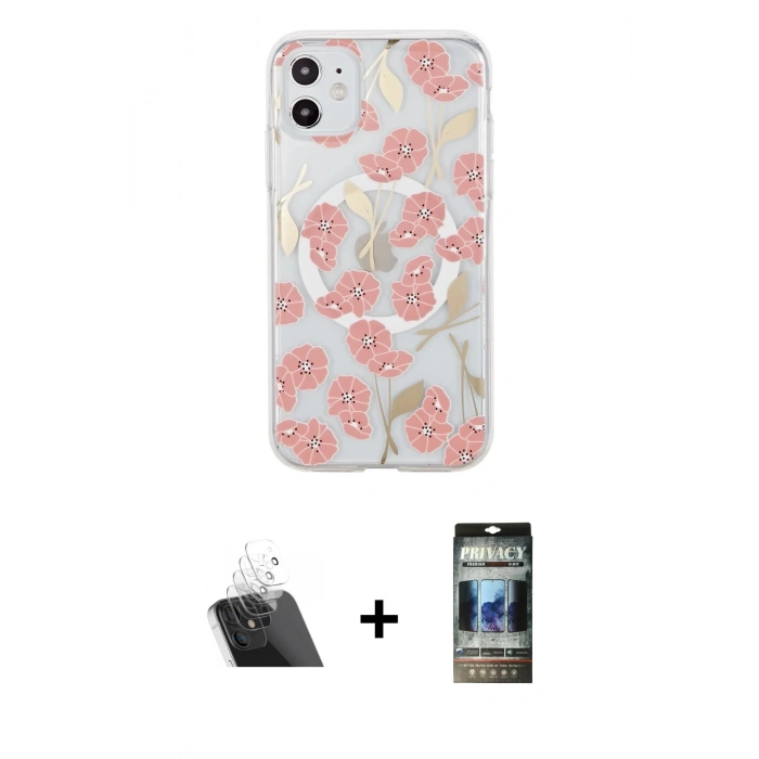 MARSİLYAN™- iPhone 11 Kılıf Pusula Form - Siyah 34D Hayalet Izgaralı Cam + Şeffaf Kamera Lens Koruma Cam