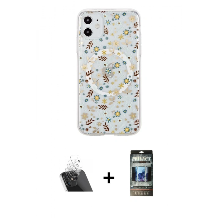 MARSİLYAN™- iPhone 11 Kılıf Pusula Form - Siyah 34D Hayalet Izgaralı Cam + Şeffaf Kamera Lens Koruma Cam