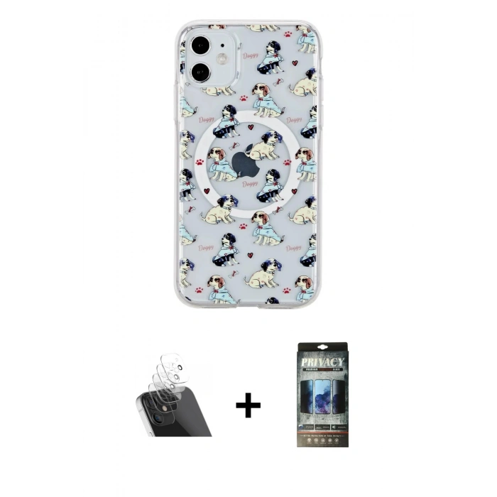MARSİLYAN™- iPhone 11 Kılıf Pusula Form - Siyah 34D Hayalet Izgaralı Cam + Şeffaf Kamera Lens Koruma Cam