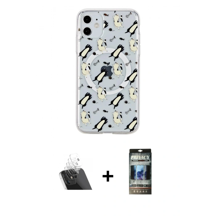 MARSİLYAN™- iPhone 11 Kılıf Pusula Form - Siyah 34D Hayalet Izgaralı Cam + Şeffaf Kamera Lens Koruma Cam