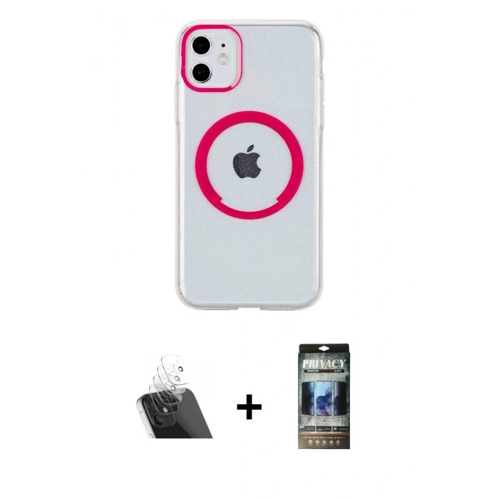 MARSİLYAN™- iPhone 11 Kılıf Pusula Form - Siyah 34D Hayalet Izgaralı Cam + Şeffaf Kamera Lens Koruma Cam