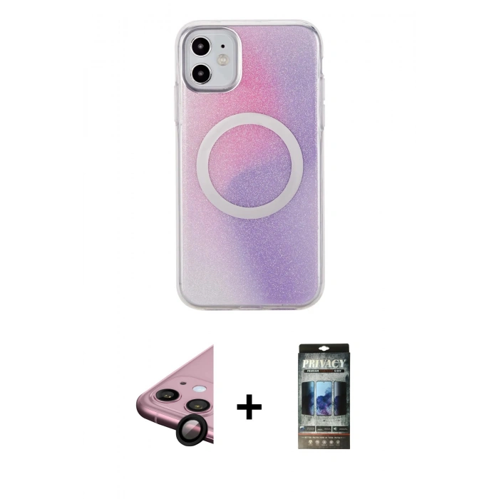 MARSİLYAN™- iPhone 11 Kılıf Pusula Form - Siyah 34D Hayalet Izgaralı Cam + Raze Metal Kamera Lens - SH
