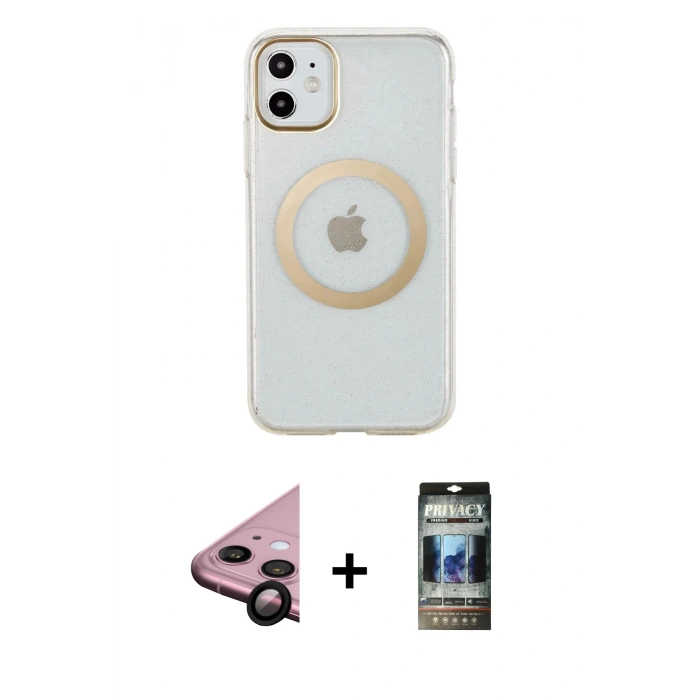 MARSİLYAN™- iPhone 11 Kılıf Pusula Form - Siyah 34D Hayalet Izgaralı Cam + Raze Metal Kamera Lens - SH