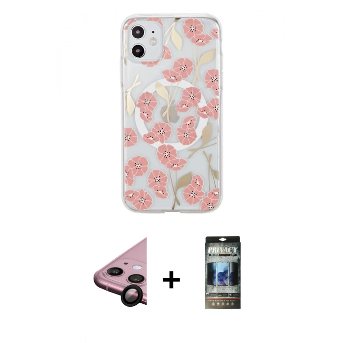 MARSİLYAN™- iPhone 11 Kılıf Pusula Form - Siyah 34D Hayalet Izgaralı Cam + Raze Metal Kamera Lens - SH