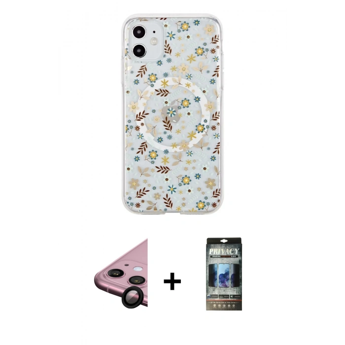 MARSİLYAN™- iPhone 11 Kılıf Pusula Form - Siyah 34D Hayalet Izgaralı Cam + Raze Metal Kamera Lens - SH