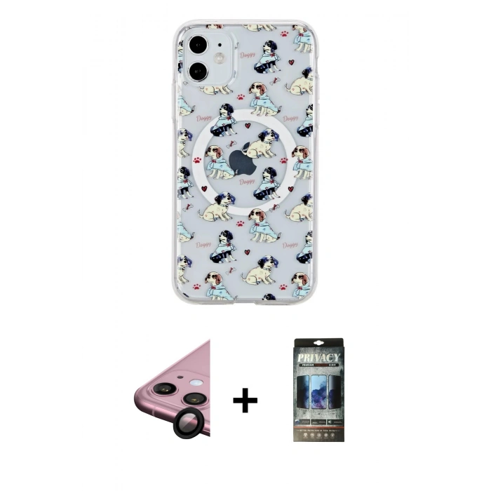 MARSİLYAN™- iPhone 11 Kılıf Pusula Form - Siyah 34D Hayalet Izgaralı Cam + Raze Metal Kamera Lens - SH