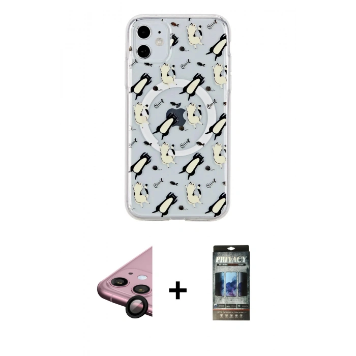 MARSİLYAN™- iPhone 11 Kılıf Pusula Form - Siyah 34D Hayalet Izgaralı Cam + Raze Metal Kamera Lens - SH