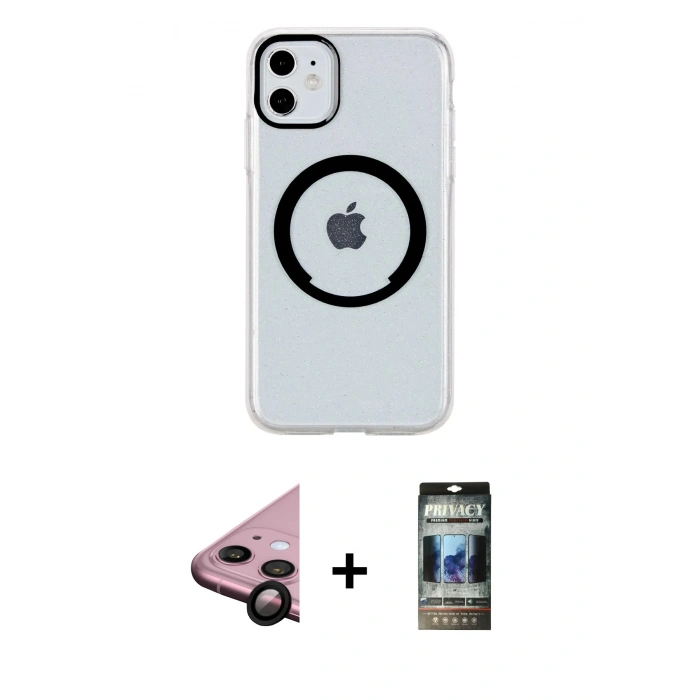 MARSİLYAN™- iPhone 11 Kılıf Pusula Form - Siyah 34D Hayalet Izgaralı Cam + Raze Metal Kamera Lens - SH