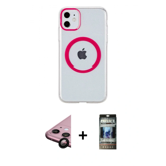 MARSİLYAN™- iPhone 11 Kılıf Pusula Form - Siyah 34D Hayalet Izgaralı Cam + Raze Metal Kamera Lens - SH