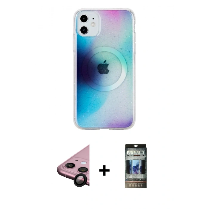 MARSİLYAN™- iPhone 11 Kılıf Pusula Form - Siyah 34D Hayalet Izgaralı Cam + Raze Metal Kamera Lens - SH