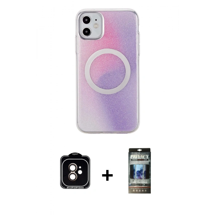 MARSİLYAN™- iPhone 11 Kılıf Pusula Form - Siyah 34D Hayalet Izgaralı Cam + PVD Metal Kamera Lens - TU