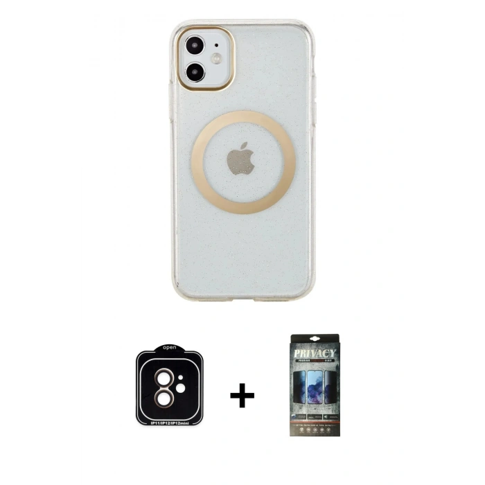 MARSİLYAN™- iPhone 11 Kılıf Pusula Form - Siyah 34D Hayalet Izgaralı Cam + PVD Metal Kamera Lens - TU