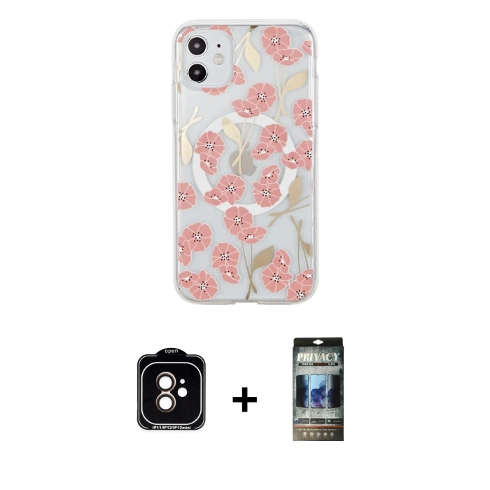 MARSİLYAN™- iPhone 11 Kılıf Pusula Form - Siyah 34D Hayalet Izgaralı Cam + PVD Metal Kamera Lens - TU