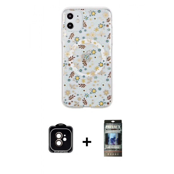 MARSİLYAN™- iPhone 11 Kılıf Pusula Form - Siyah 34D Hayalet Izgaralı Cam + PVD Metal Kamera Lens - TU