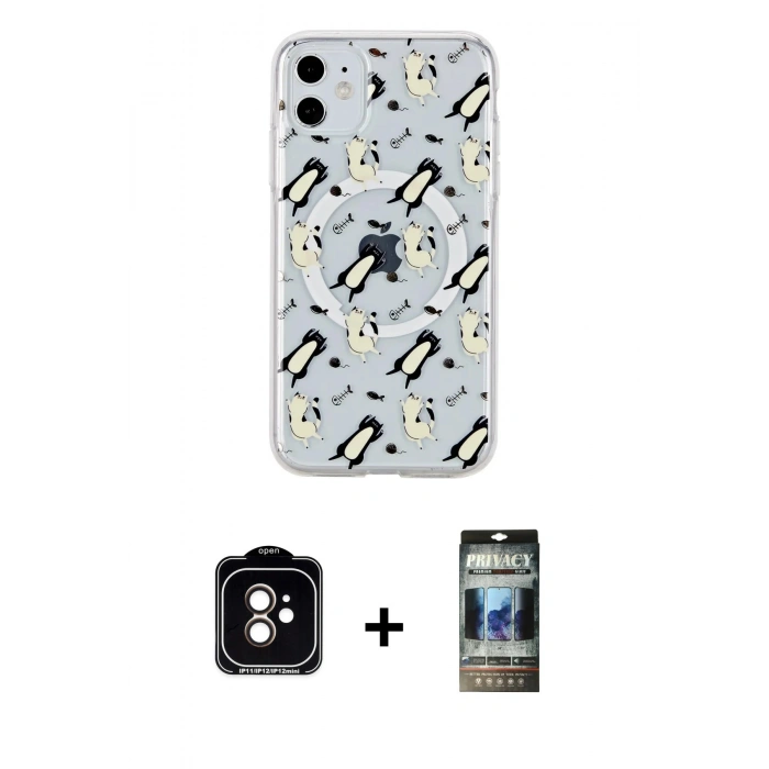 MARSİLYAN™- iPhone 11 Kılıf Pusula Form - Siyah 34D Hayalet Izgaralı Cam + PVD Metal Kamera Lens - TU