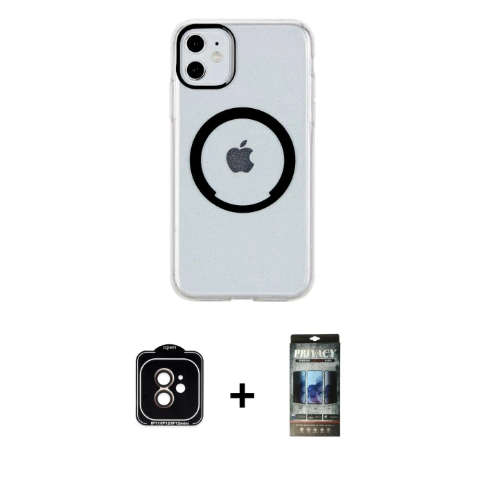 MARSİLYAN™- iPhone 11 Kılıf Pusula Form - Siyah 34D Hayalet Izgaralı Cam + PVD Metal Kamera Lens - TU