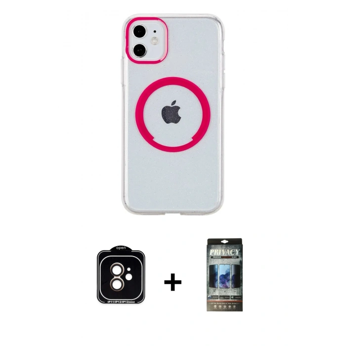MARSİLYAN™- iPhone 11 Kılıf Pusula Form - Siyah 34D Hayalet Izgaralı Cam + PVD Metal Kamera Lens - TU