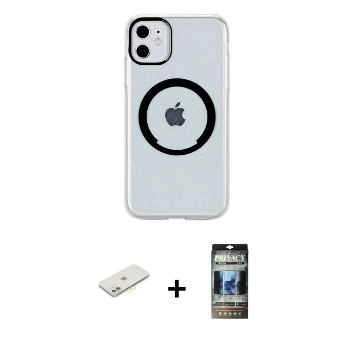 MARSİLYAN™- iPhone 11 Kılıf Pusula Form - Siyah 34D Hayalet Izgaralı Cam + Turuncu Renkli Kamera Lens Koruma Cam
