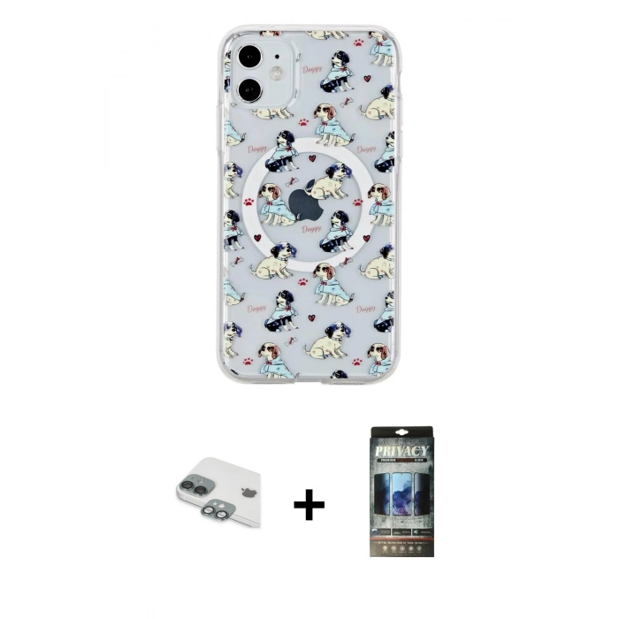 MARSİLYAN™- iPhone 11 Kılıf Pusula Form - Siyah 34D Hayalet Izgaralı Cam + Pers Alüminyum Kamera Lens - YL