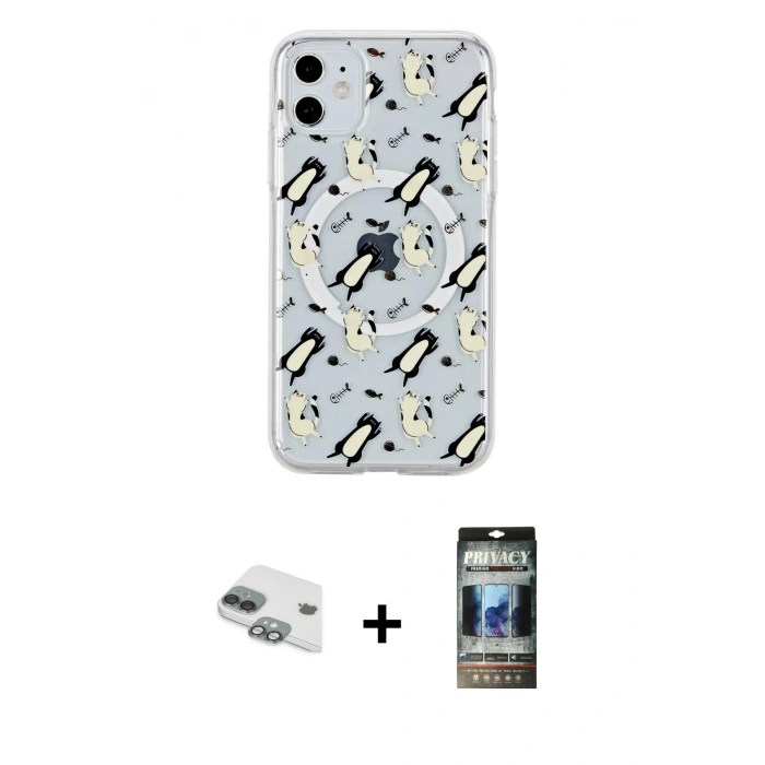 MARSİLYAN™- iPhone 11 Kılıf Pusula Form - Siyah 34D Hayalet Izgaralı Cam + Pers Alüminyum Kamera Lens - YL