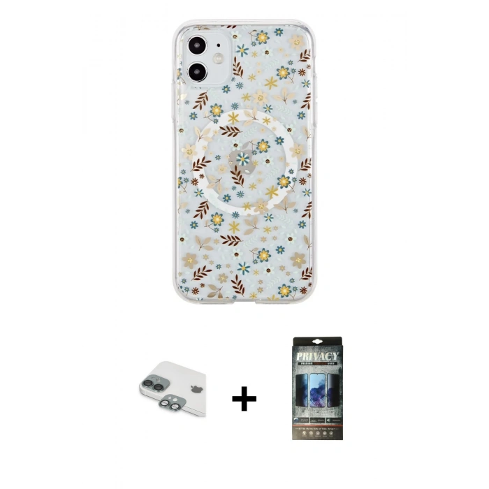 MARSİLYAN™- iPhone 11 Kılıf Pusula Form - Siyah 34D Hayalet Izgaralı Cam + Pers Alüminyum Kamera Lens - YL