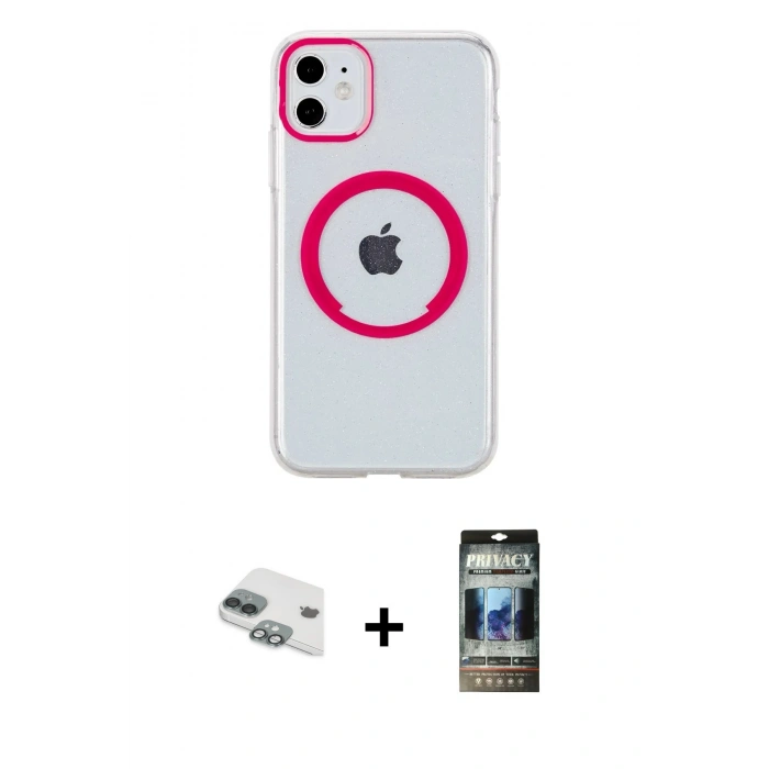 MARSİLYAN™- iPhone 11 Kılıf Pusula Form - Siyah 34D Hayalet Izgaralı Cam + Pers Alüminyum Kamera Lens - YL